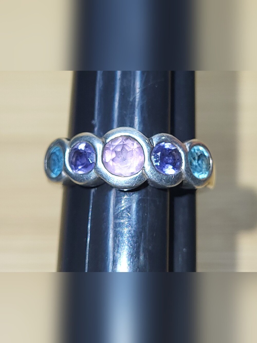 Vintage Multi-Gemstone 925 Sterling Silver Band - Pink and Blue Accent Stones